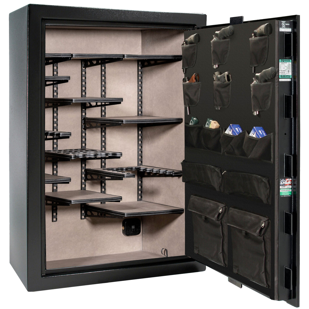 Colonial 35 | Pro Flex Interior | Level 4 Security | 75 Minute Fire Protection | Dimensions: 60.5&quot;(H) x 42&quot;(W) x 22&quot;(D) | Up to 45 Long Guns | Black Gloss | Electronic Lock - Open