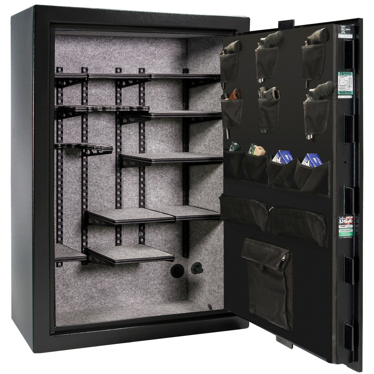 Colonial 35 | Pro Flex Interior | Level 4 Security | 75 Minute Fire Protection | Dimensions: 60.5&quot;(H) x 42&quot;(W) x 22&quot;(D) | Up to 45 Long Guns | Black Textured | Mechanical Lock – Open