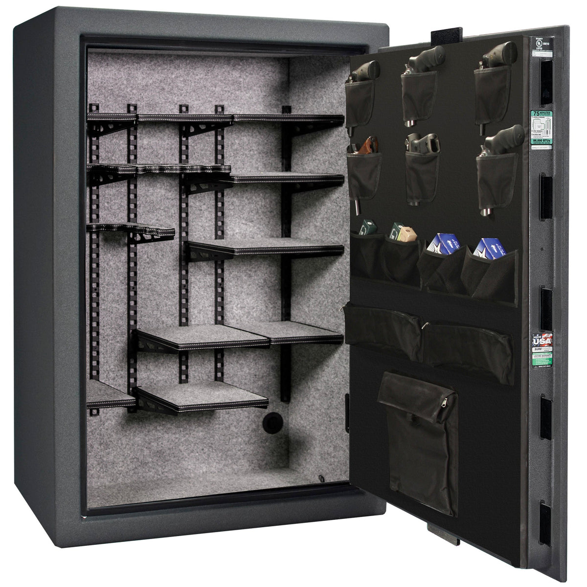 Colonial 35 | Pro Flex Interior | Level 4 Security | 75 Minute Fire Protection | Dimensions: 60.5&quot;(H) x 42&quot;(W) x 22&quot;(D) | Up to 45 Long Guns | Granite Textured | Mechanical Lock – Open