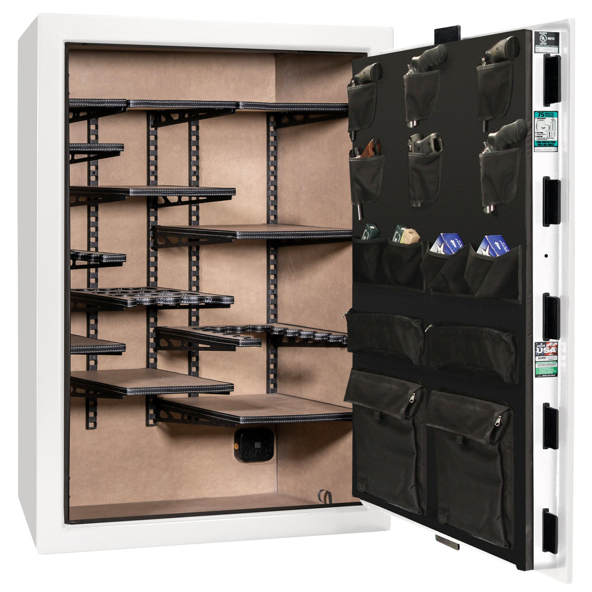 Colonial 35 | Pro Flex Interior | Level 4 Security | 75 Minute Fire Protection | Dimensions: 60.5&quot;(H) x 42&quot;(W) x 22&quot;(D) | Up to 45 Long Guns | White Gloss Black Chrome | Electronic Lock - Open